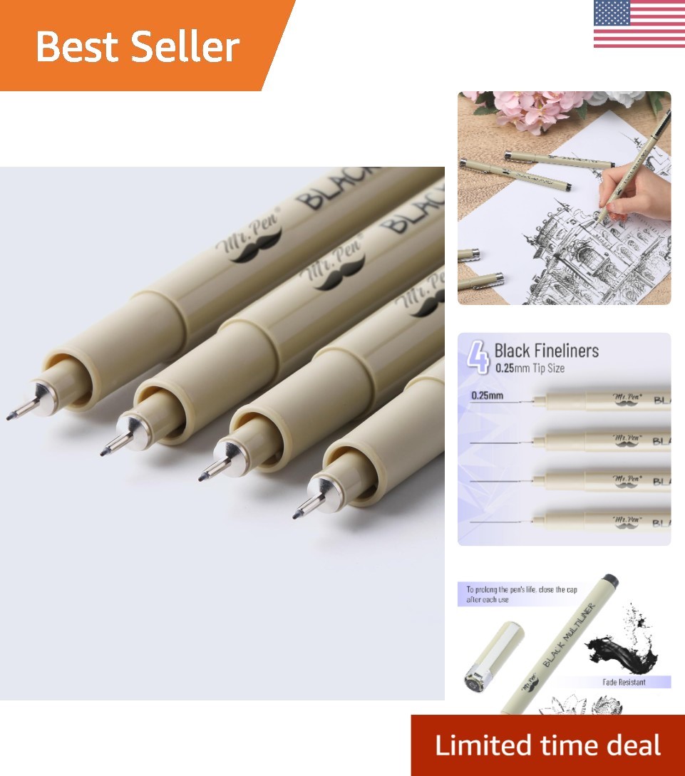 Ultra Fine 0.25mm Pens, Black Ink, 4 Pack – Perfect for Sketching & Journaling
