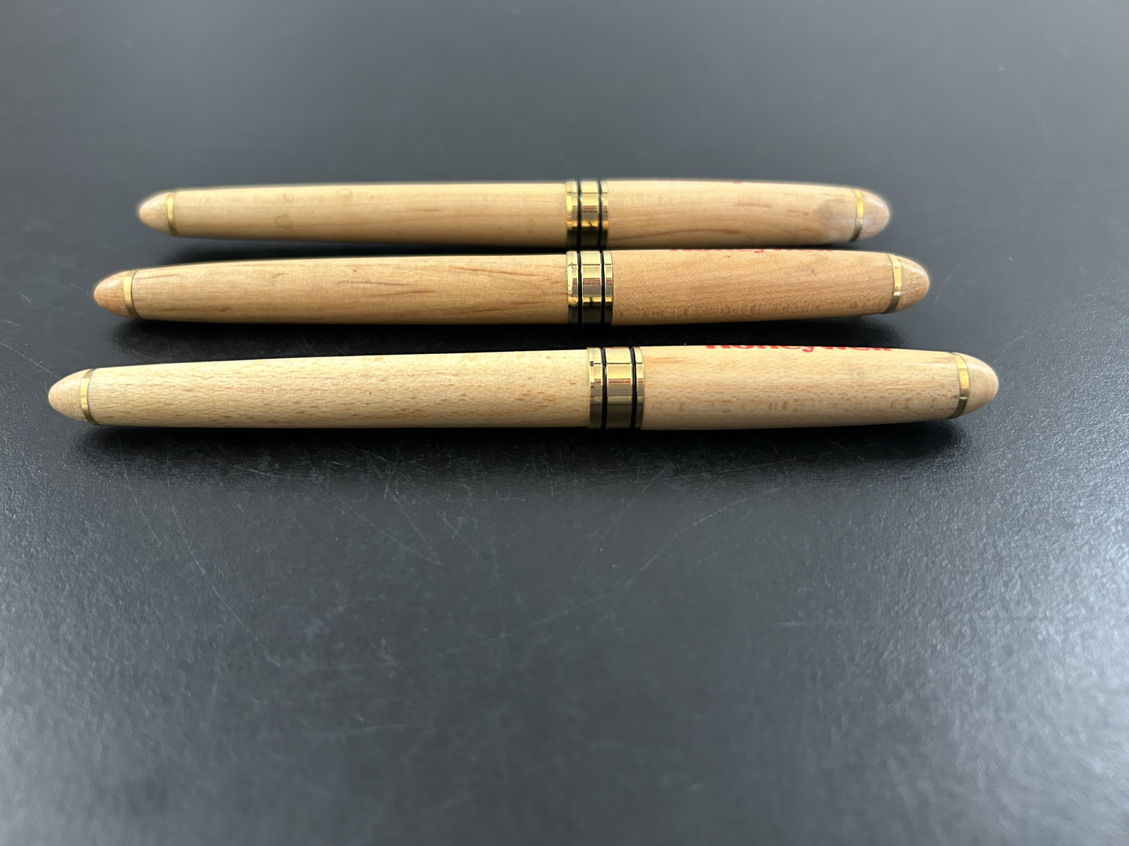 Lot of 3 Wooden Case Pen Ball TC Roller Pens Honeywell Branded Working Smooth