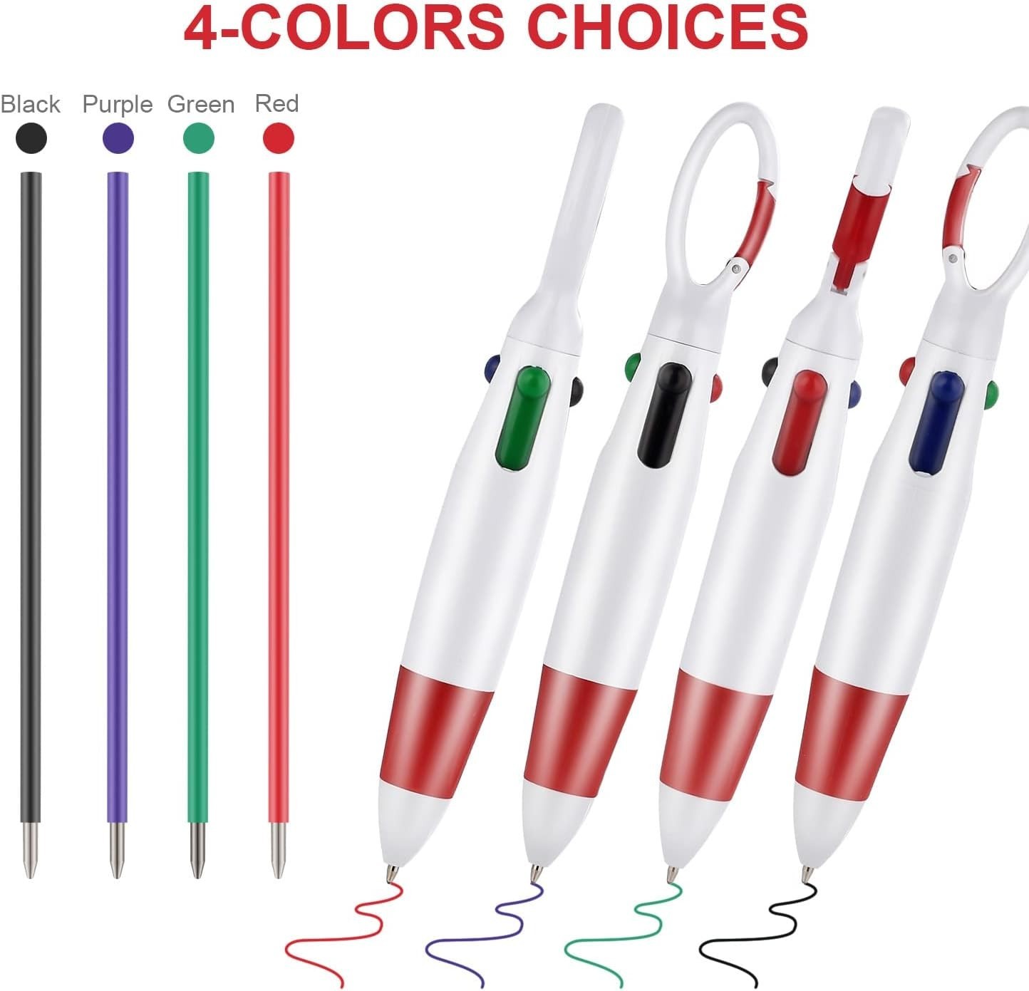 12 Count Retractable 4-in-1 Multicolor Ballpoint Pens with Carabiner Clip