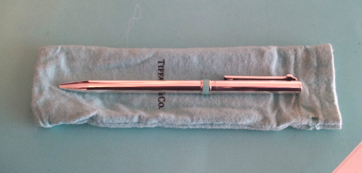 Tiffany & Co Sterling Silver Blue Enamel Stripe T Clip Black Ink Pen w/ pouch