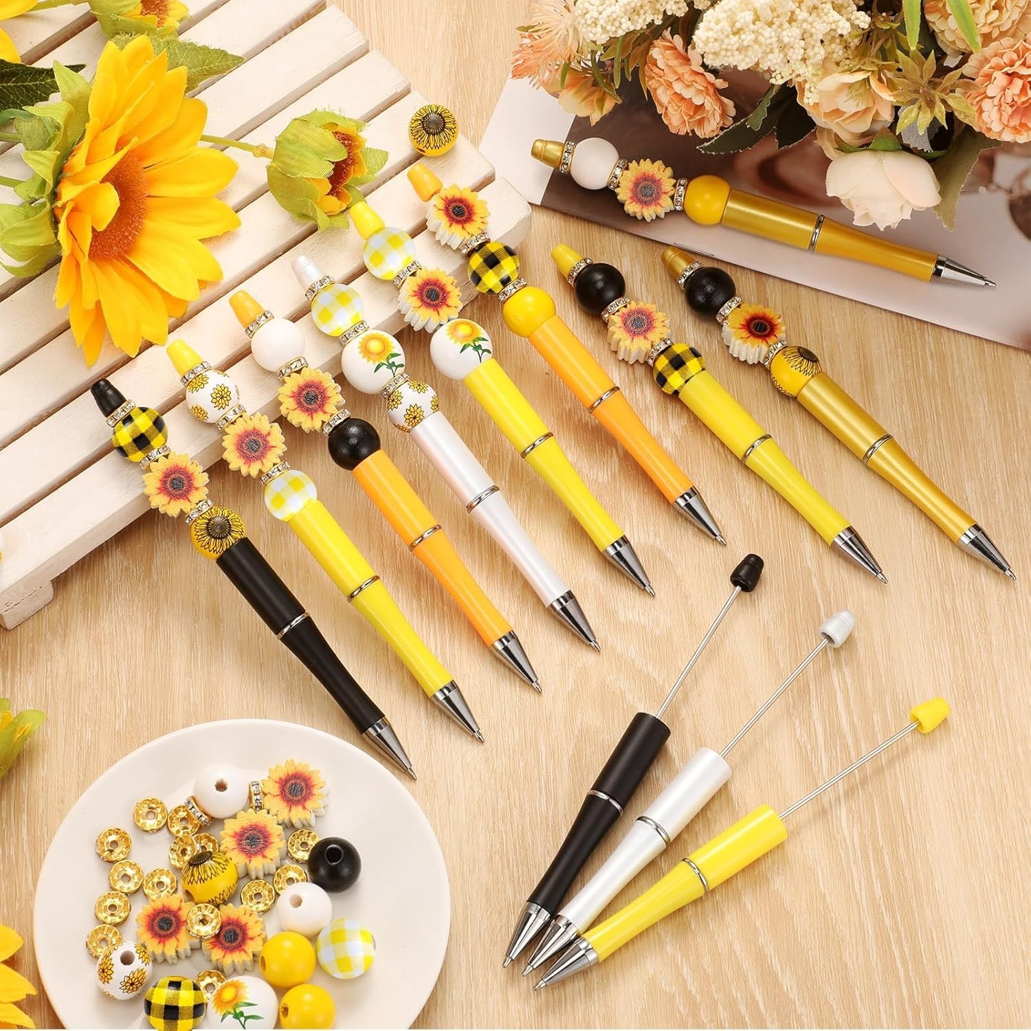 12 Piece Beadable Pen Set with Crystal and Wood Beads – Unique Office Supplies