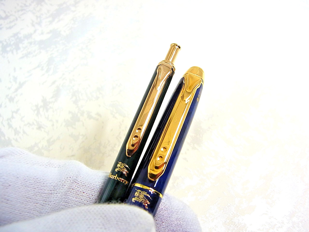 Burberry Blue Marble 3‑color & Green Ballpoint Pen Gold Trim with Box Mint