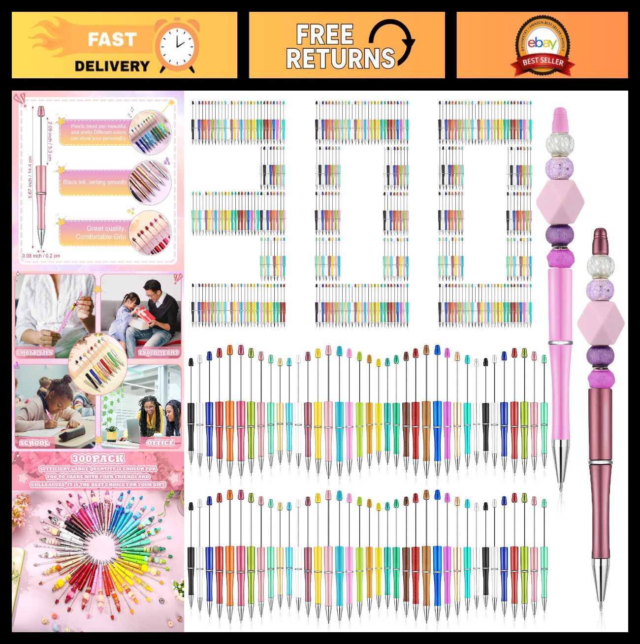 300 Pcs Assorted Beadable Pens – DIY Black Ink Ballpoint for Kids & Office Suppl