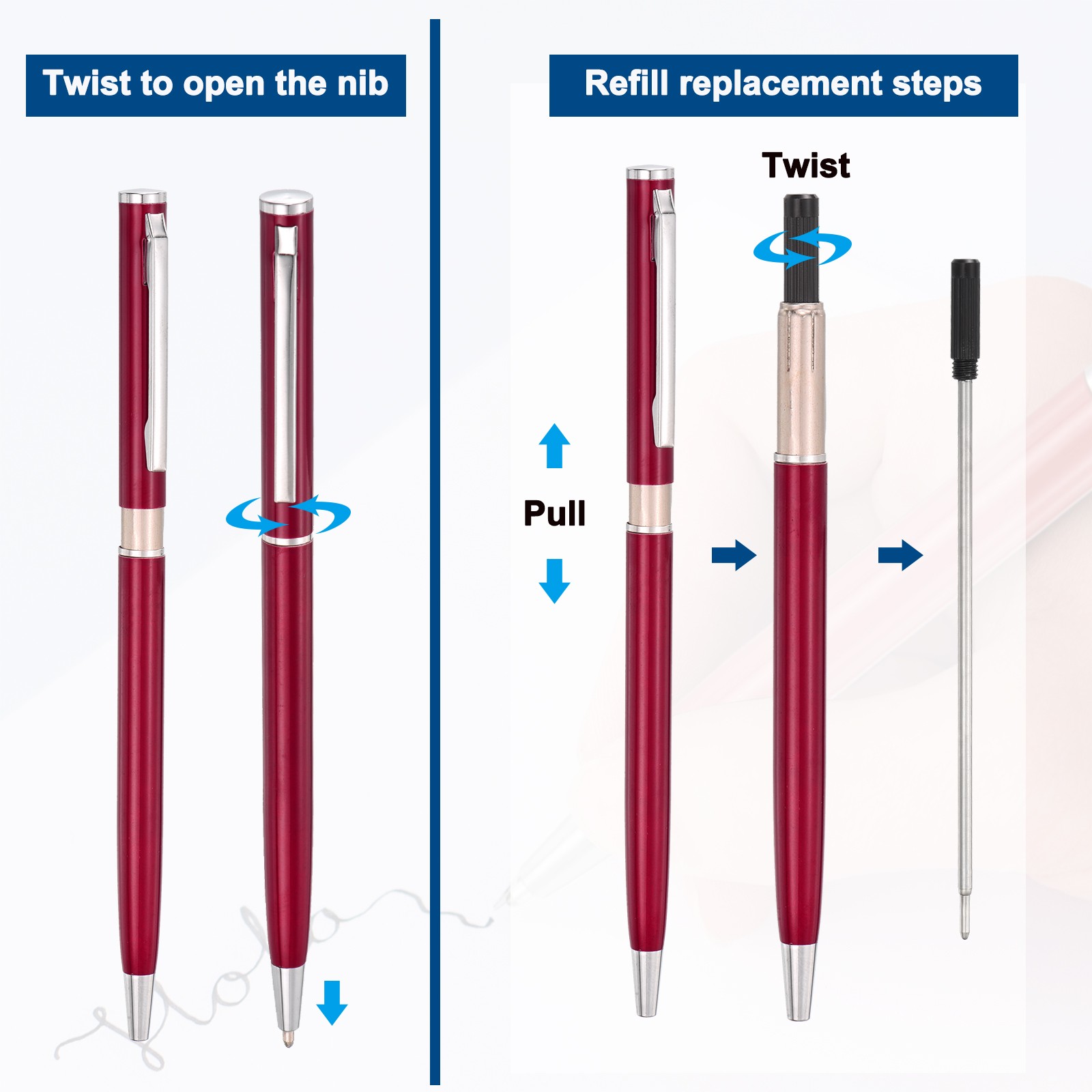 Slim Metallic Ballpoint Pen, 6Pcs Black Ink 1mm Medium Point Pen, Wine Red