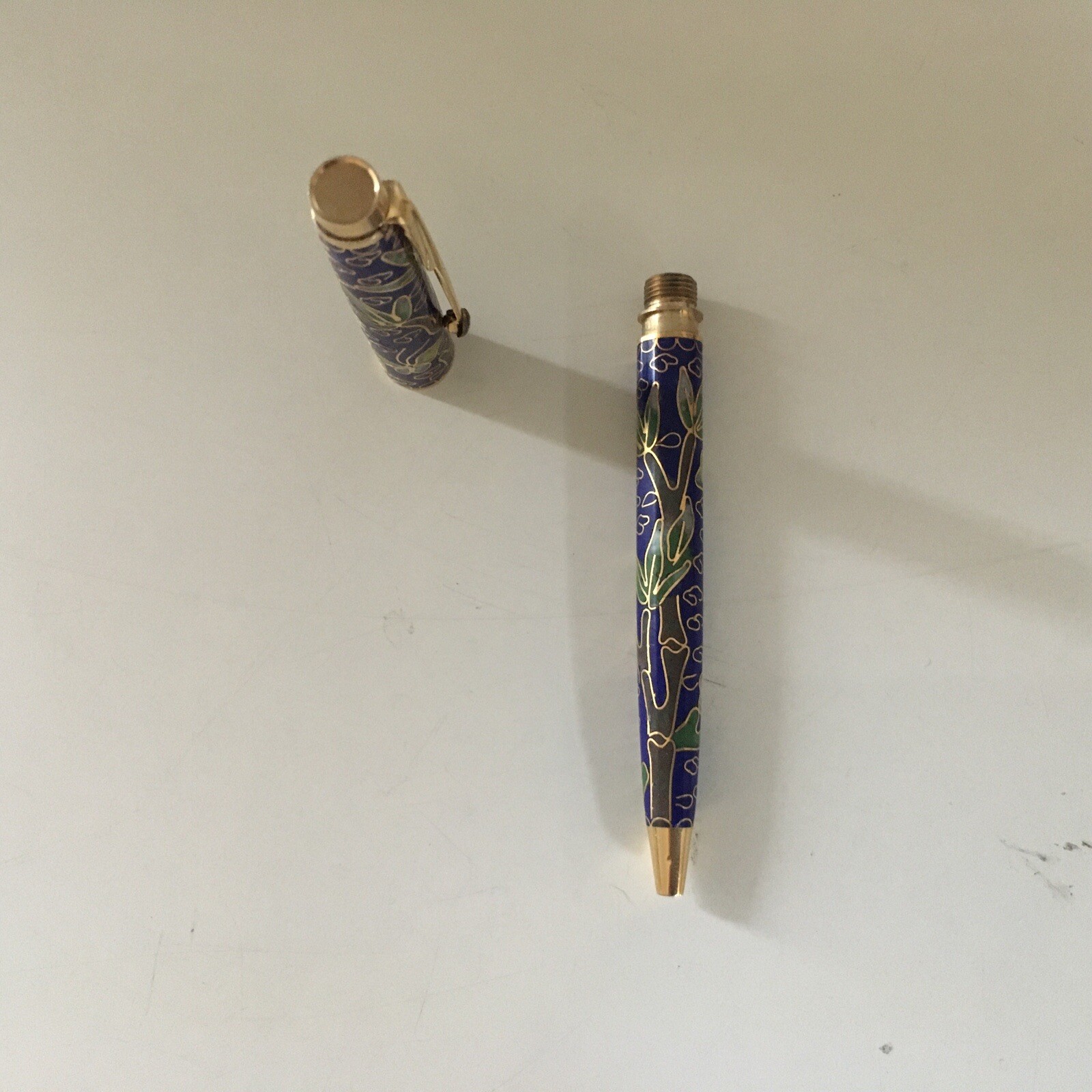 Vintage Chinese Cloisonne Enameled Ball Point Pen in Brocade Box