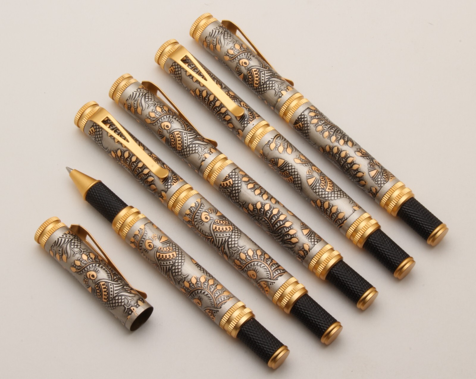 SET OF 5 Peacock Design Engraved On Antique Look Metal Body Ballpoint Pens