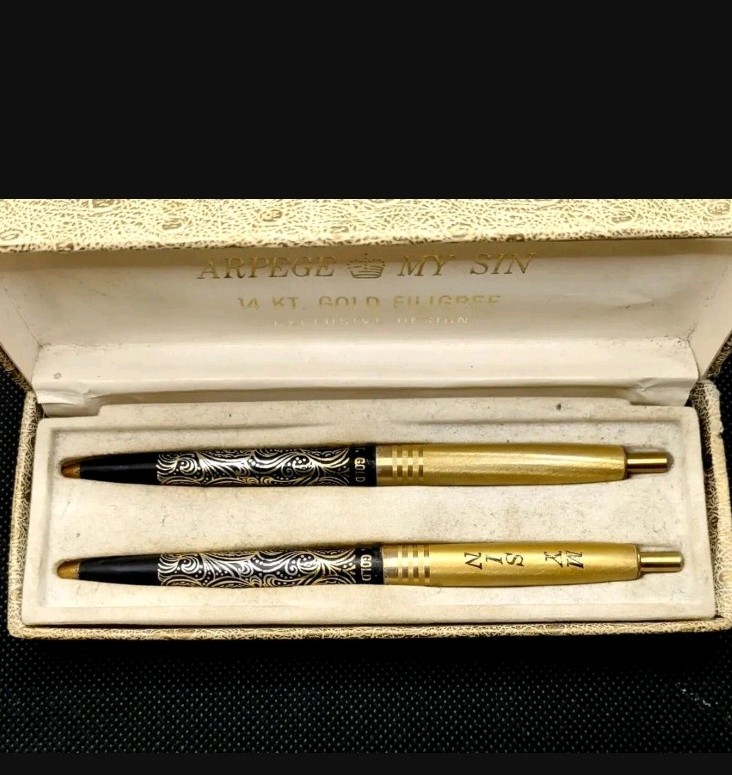 Arpege CHANEL No 5 Ballpoint Pen Set Vintage 14kt Gold Perfume Writing Pens