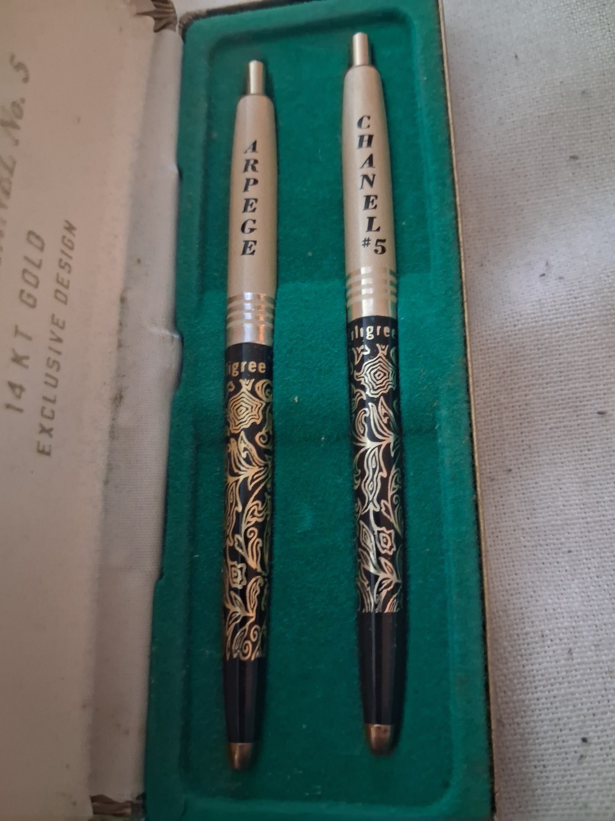 Vintage Chanel No.5 Arpege 14K Gold Filigree Perfumed Ballpoint Pen Set in Box