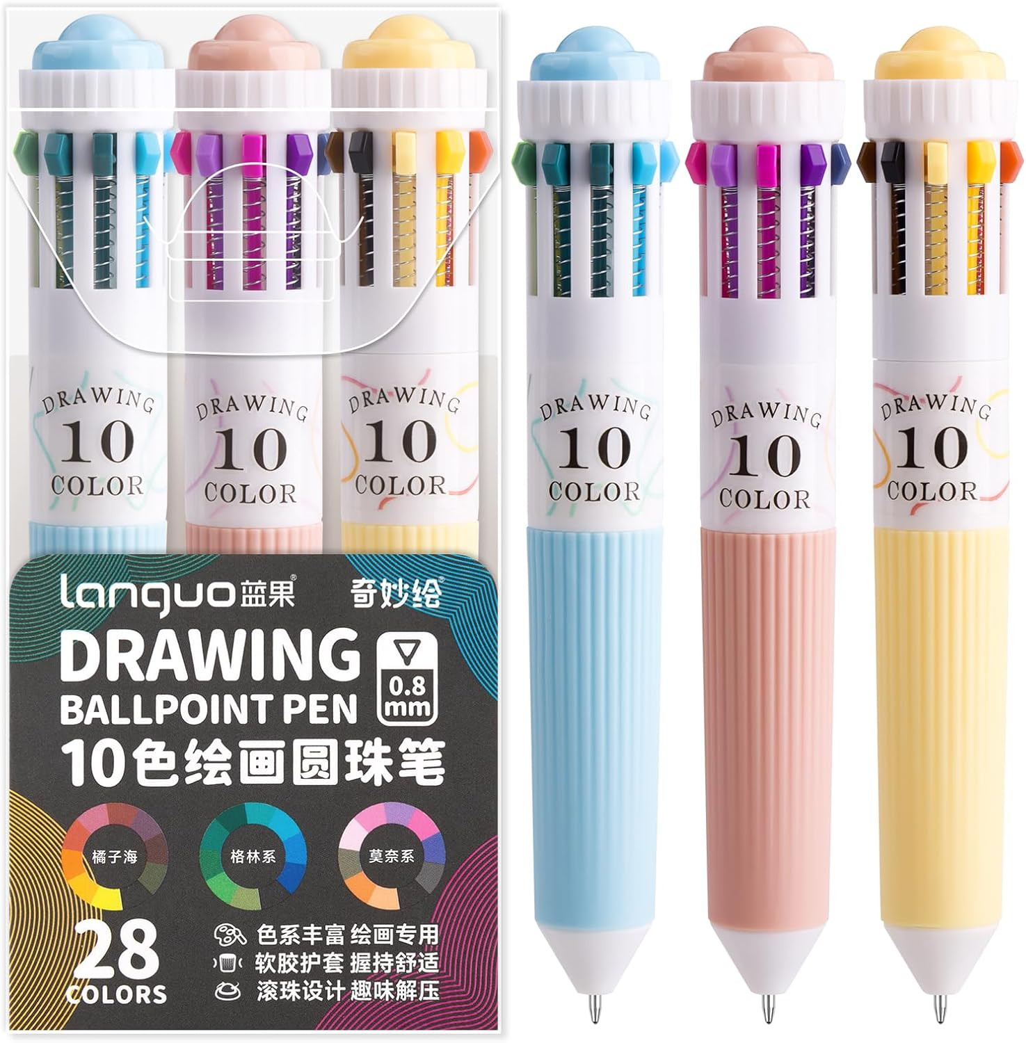 3 Park Multicolor Pens, 10-in-1 Colored Ballpoint Pen, 28 Colors, 0.8mm Fine Poi