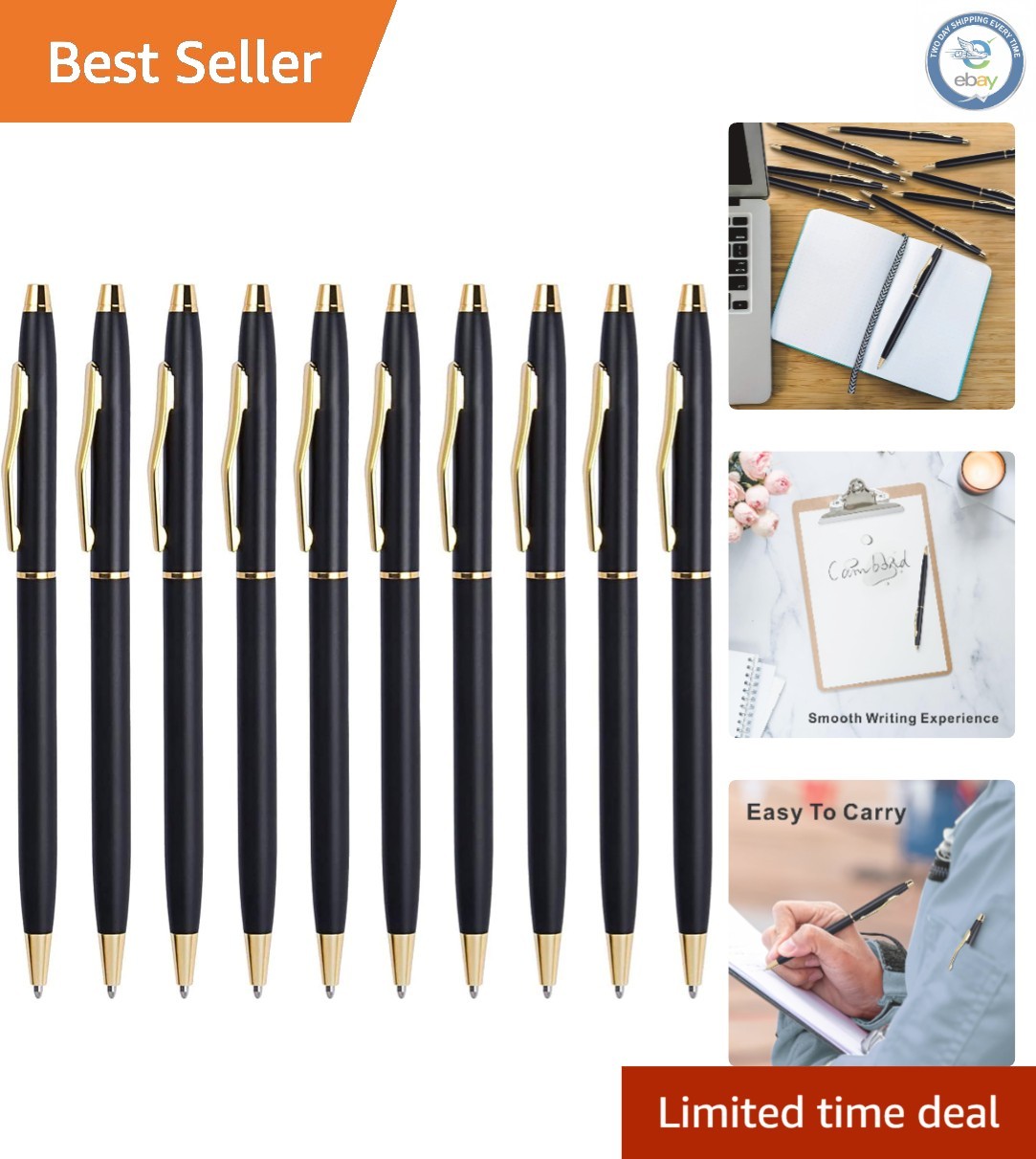 Elegant Slim Metal Ballpoint Pens, 10 Pack – Quick-Dry Black Ink for All Uses