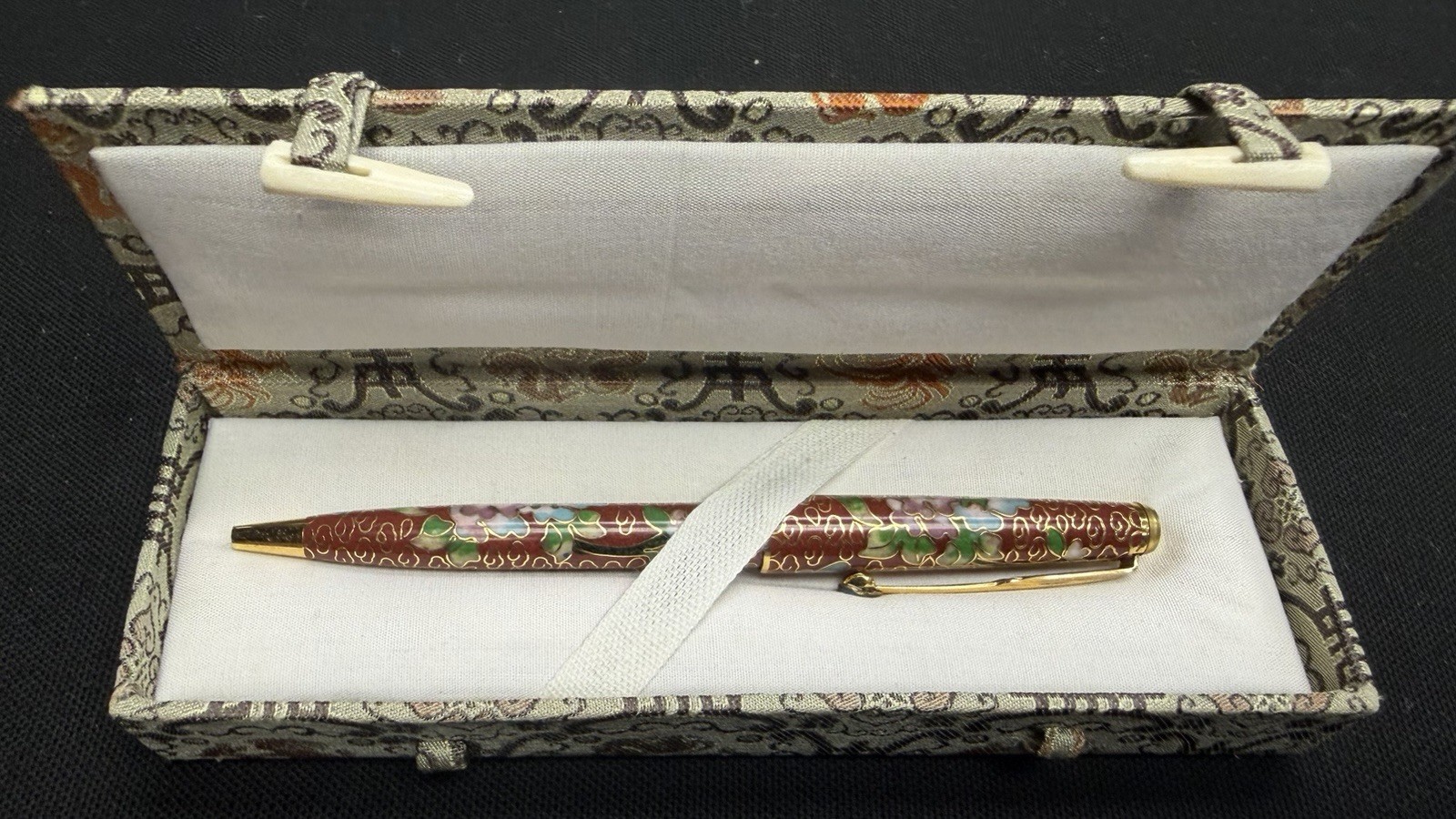 Vintage Chinese Cloisonne Enameled Ball Point Pen in Brocade Box
