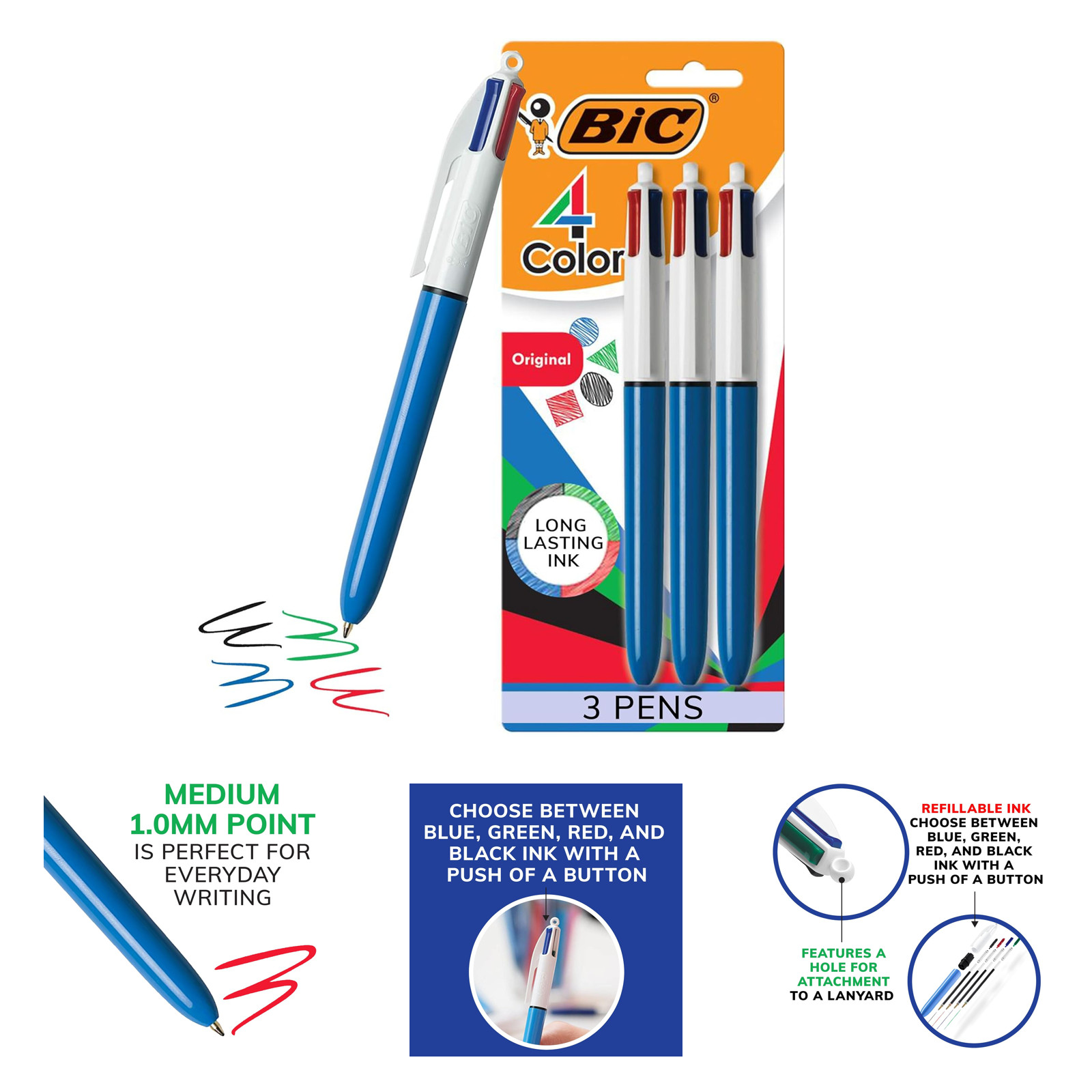 Multicolor Ballpoint Pen Pack of Three with 1.0 mm Medium Point, Retractable