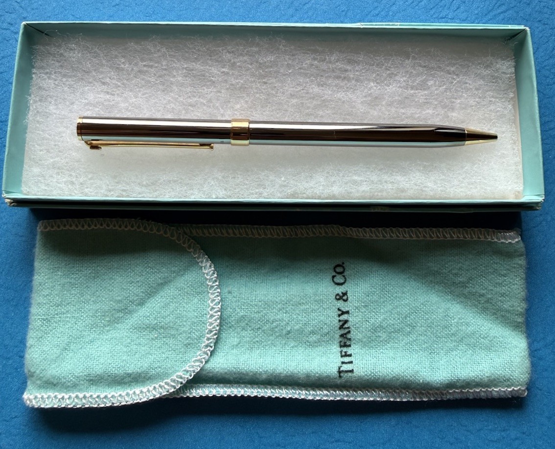 Tiffany & Co. T Clip Ballpoint Pen -Silver & Gold With Box & Pouch Excellent