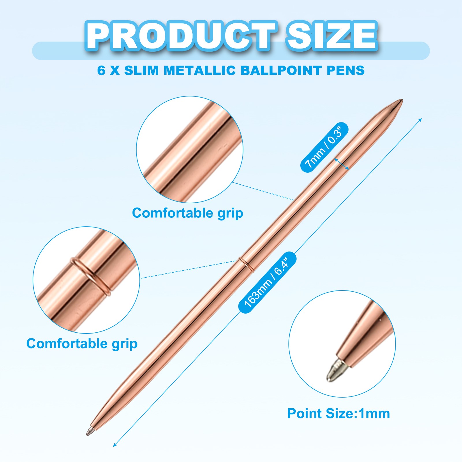 Slim Metallic Ballpoint Pen, 6Pcs Writing Pens, Rose Gold