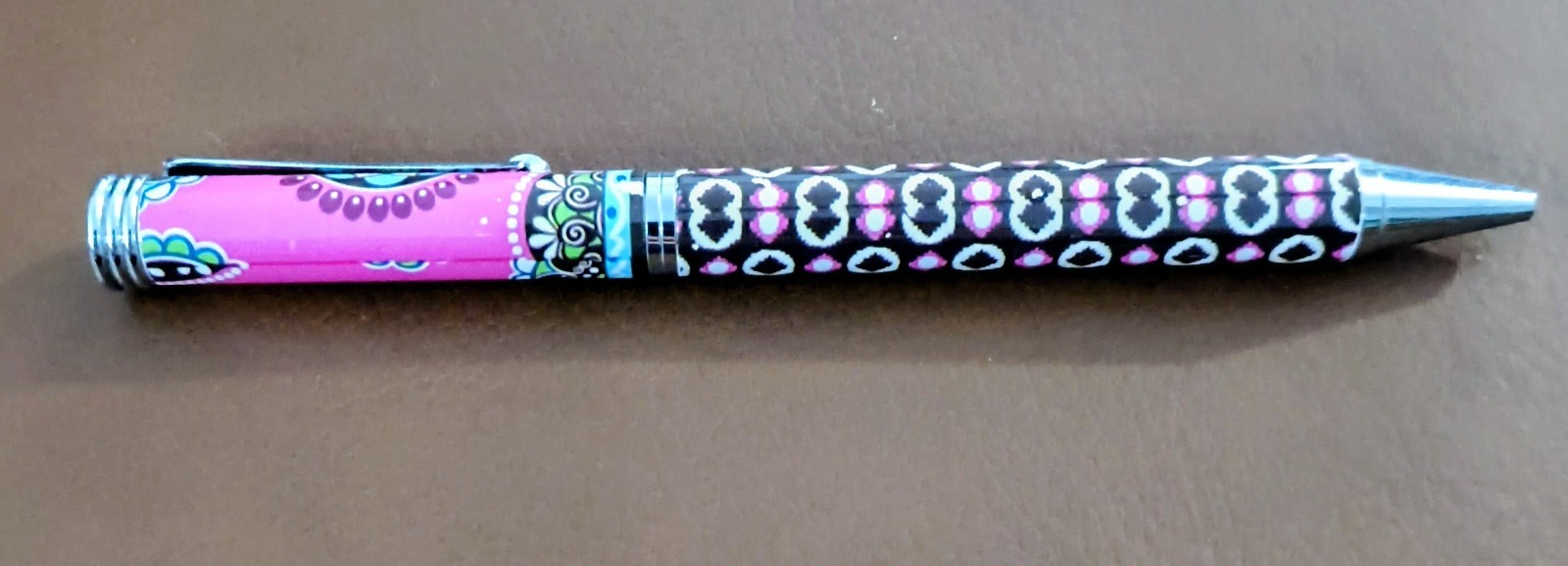 Vera Bradley Patterned Ballpoint Pen with Chrome Trim Pink Black Silver
