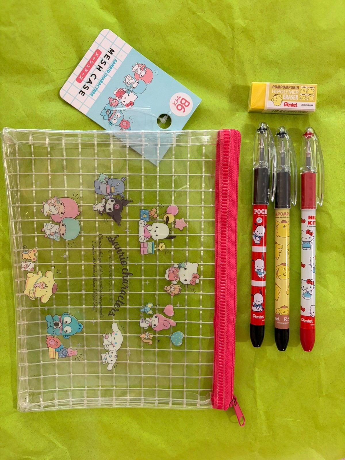 Sanrio & Pentel Pens, Eraser, Pouch NEW! Hello Kitty PomPomPurin Pochacco