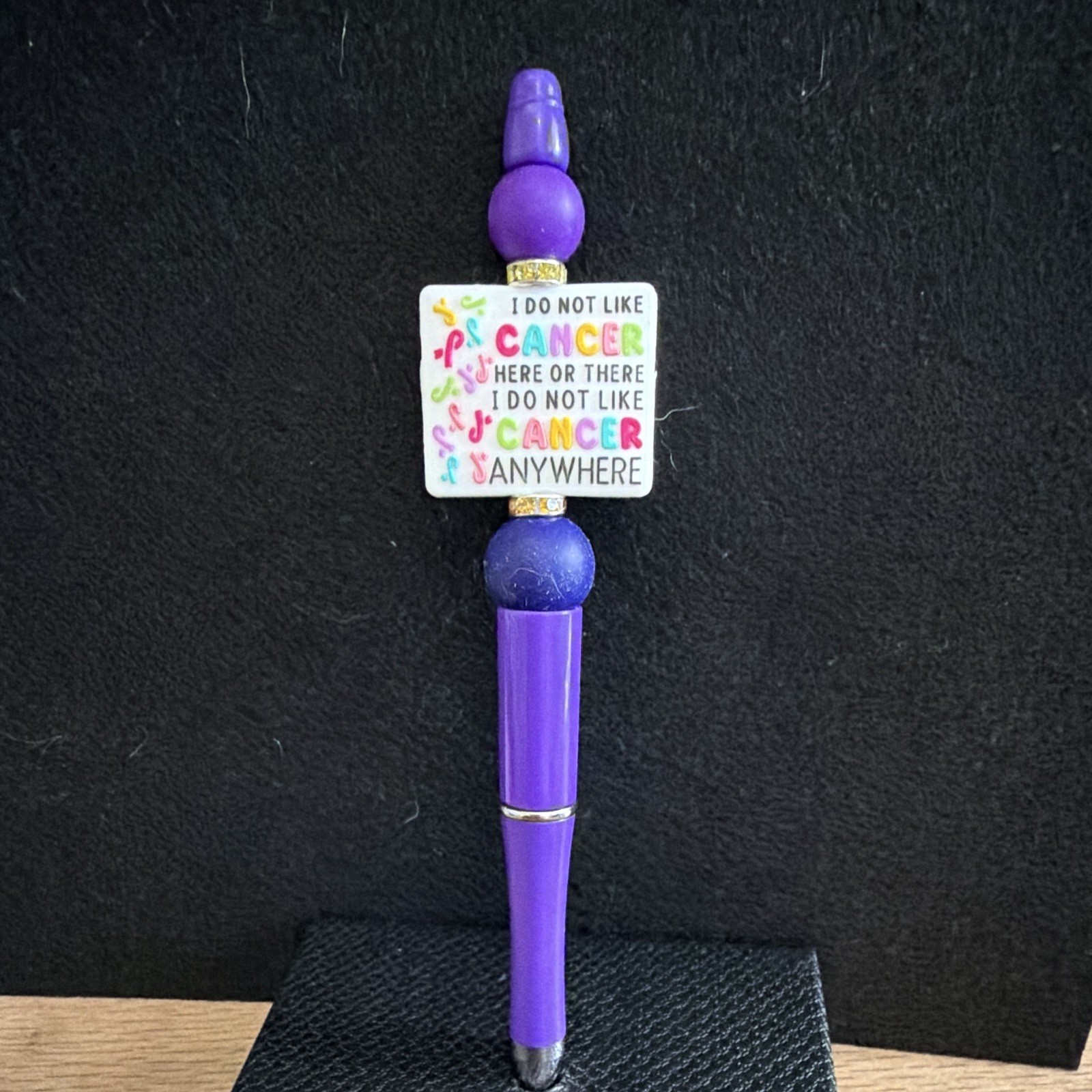 Purple Plastic Ballpoint Pen w/ Beads & “I Do Not Like Cancer” Charm, Black Ink
