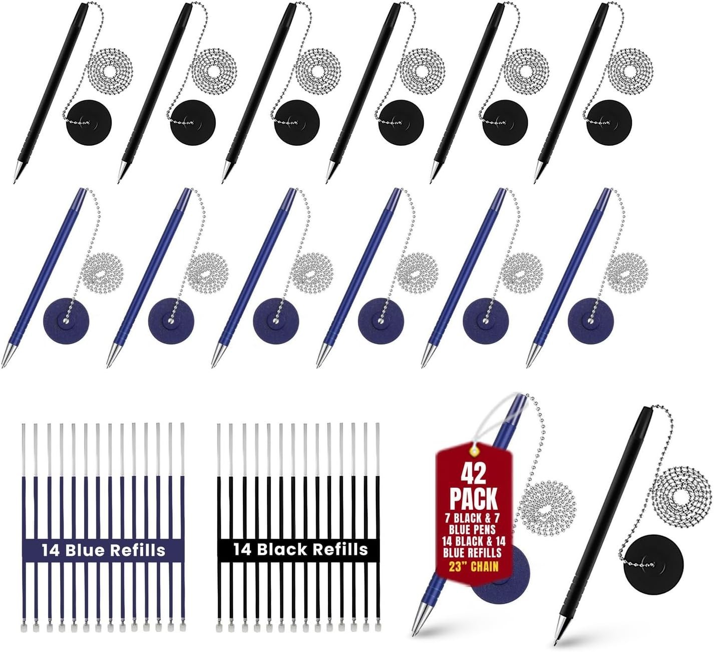 Pen with Chain [Pack of 42] – Security Desk Pen on a Chain with Adhesive Base…