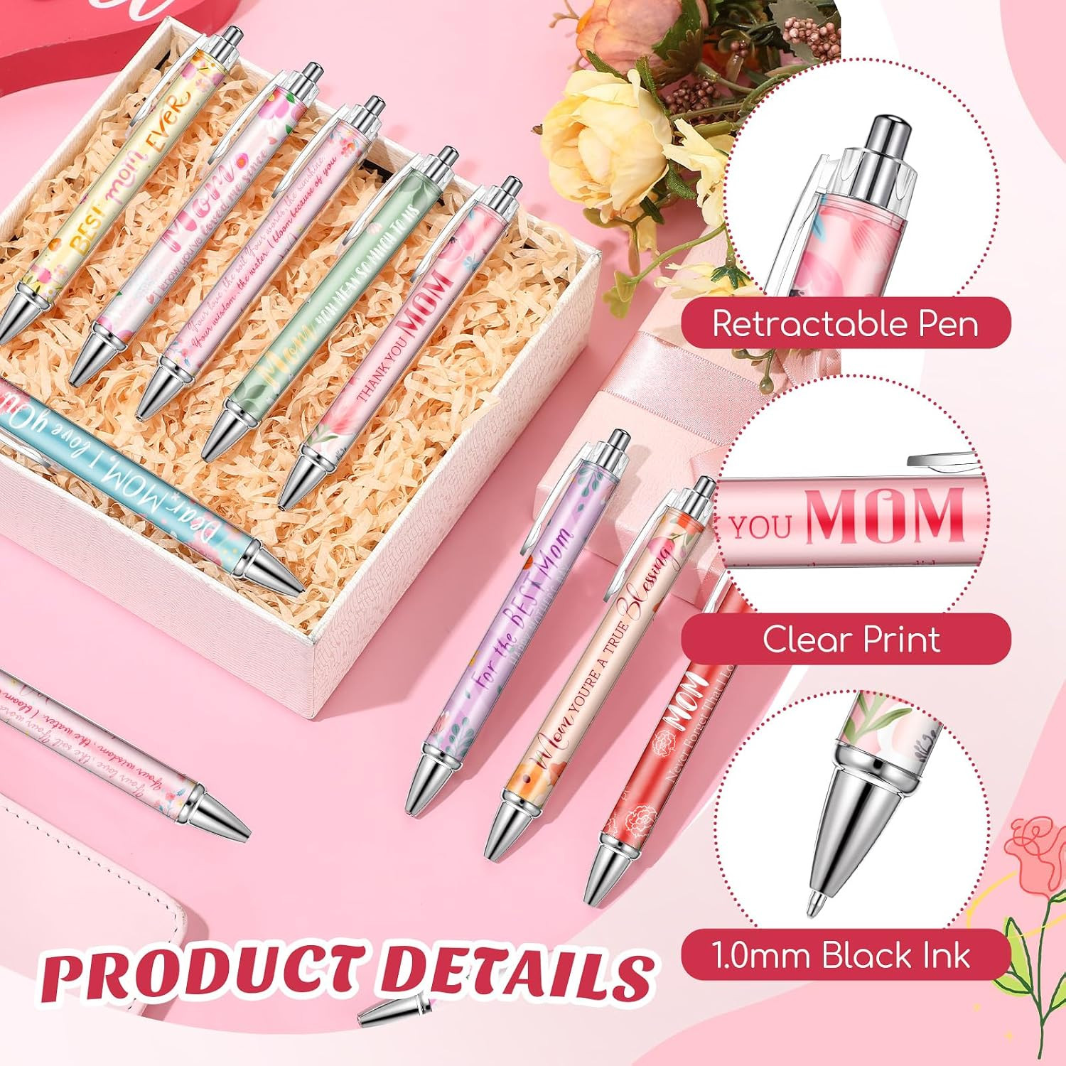 10 Pcs Mothers Day Gifts Bulk Happy Mother’s Day Ballpoint Pens Retractable 1 mm