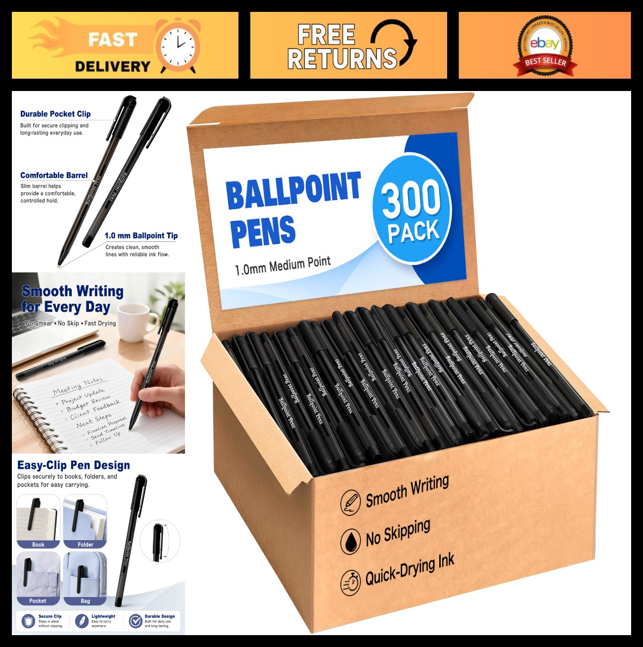 300 Black Ballpoint Pens 1.0mm Medium Point, Quick-Dry Ink, Capped with Clips