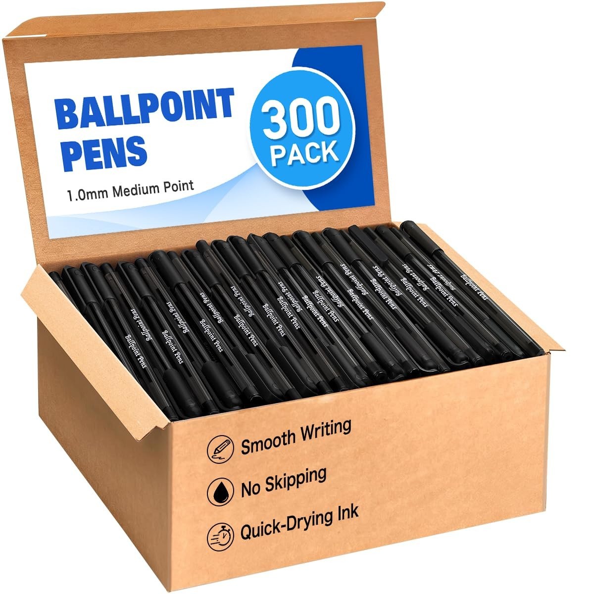 300 Black Ballpoint Pens 1.0mm Medium Point, Quick-Dry Ink, Capped with Clips