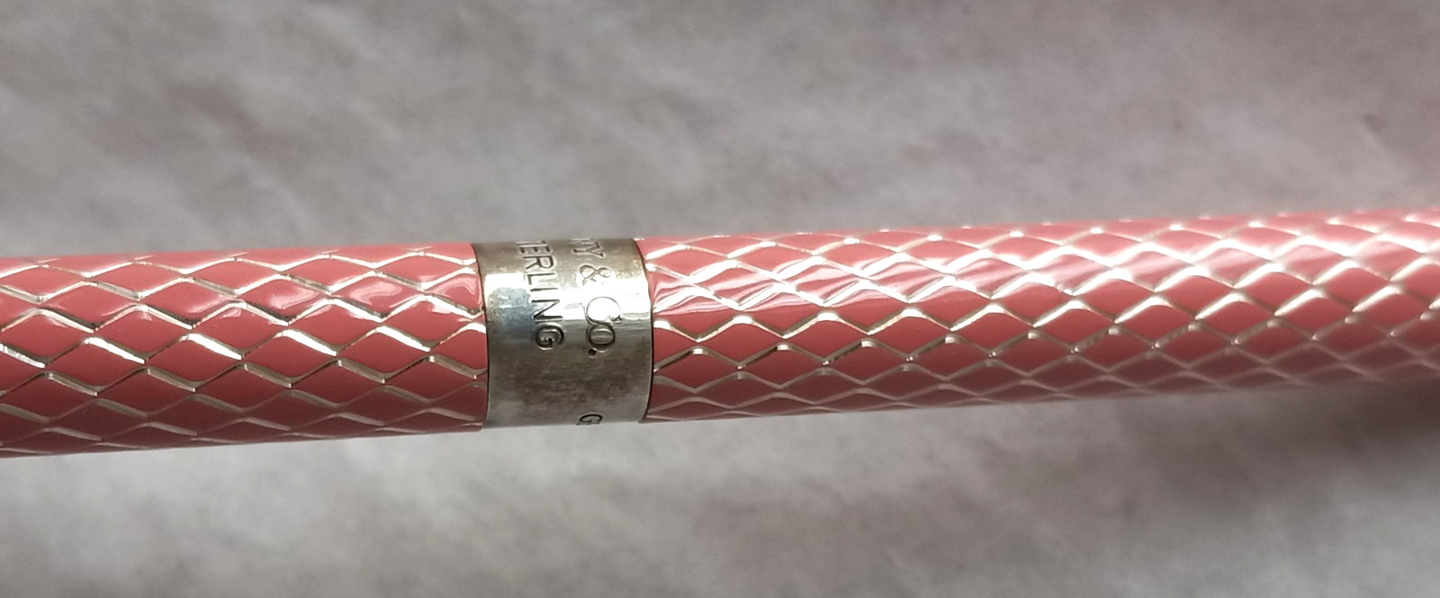 TIFFANY & CO STERLING SILVER & PINK ENAMEL BALLPOINT PEN WITH BOX & POUCH