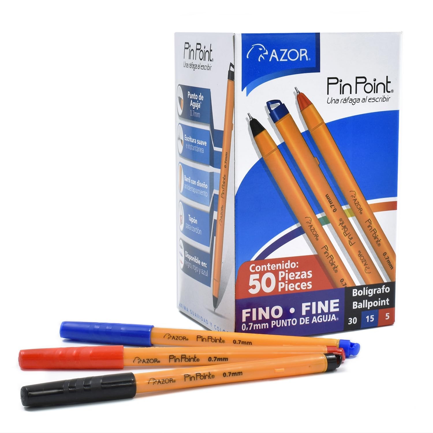 AZOR Pin Point Fine Pens 0.7mm 50 Pack – 30 Black 15 Blue 5 Red Ballpoint