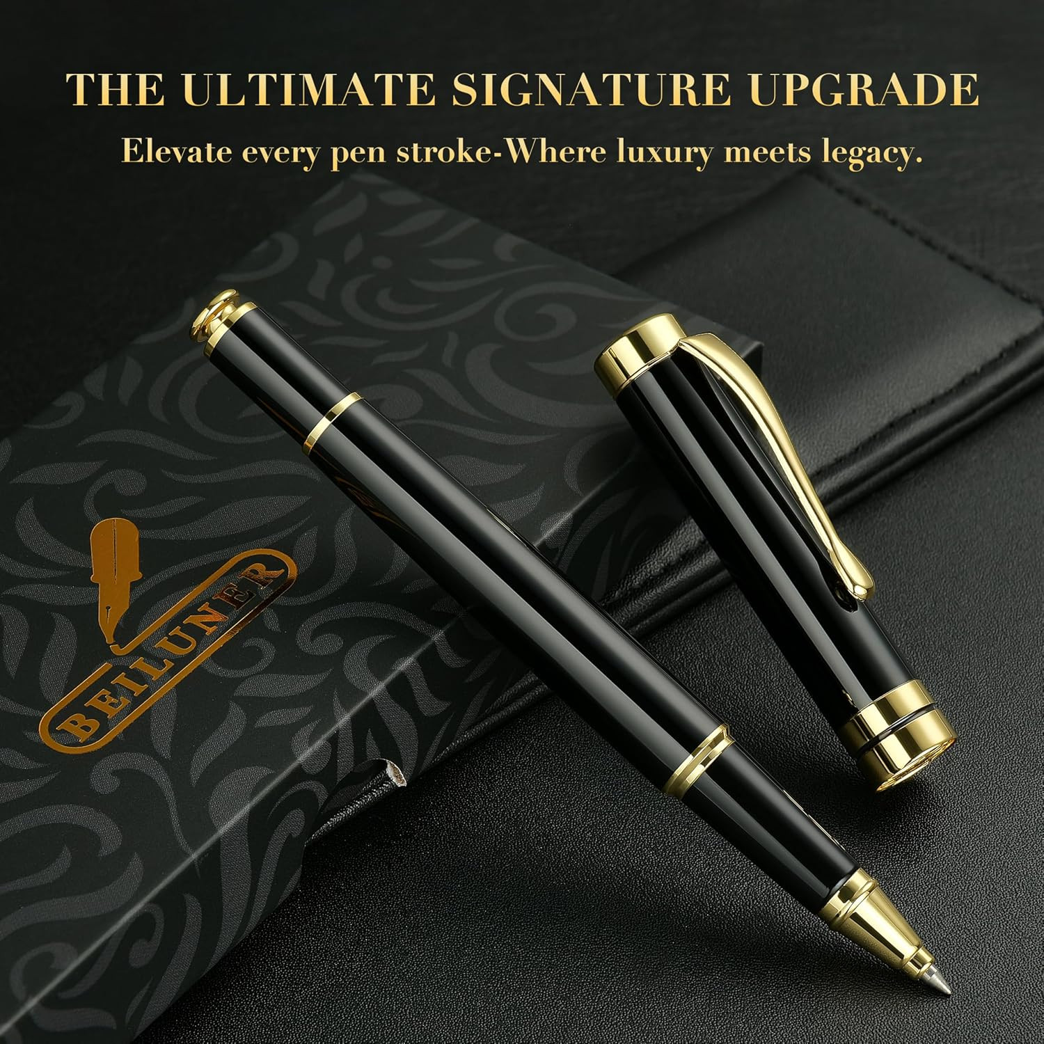 BEILUNER Ballpoint Pens, Stunning Black Chrome Metal Pen with Golden Trim, Best