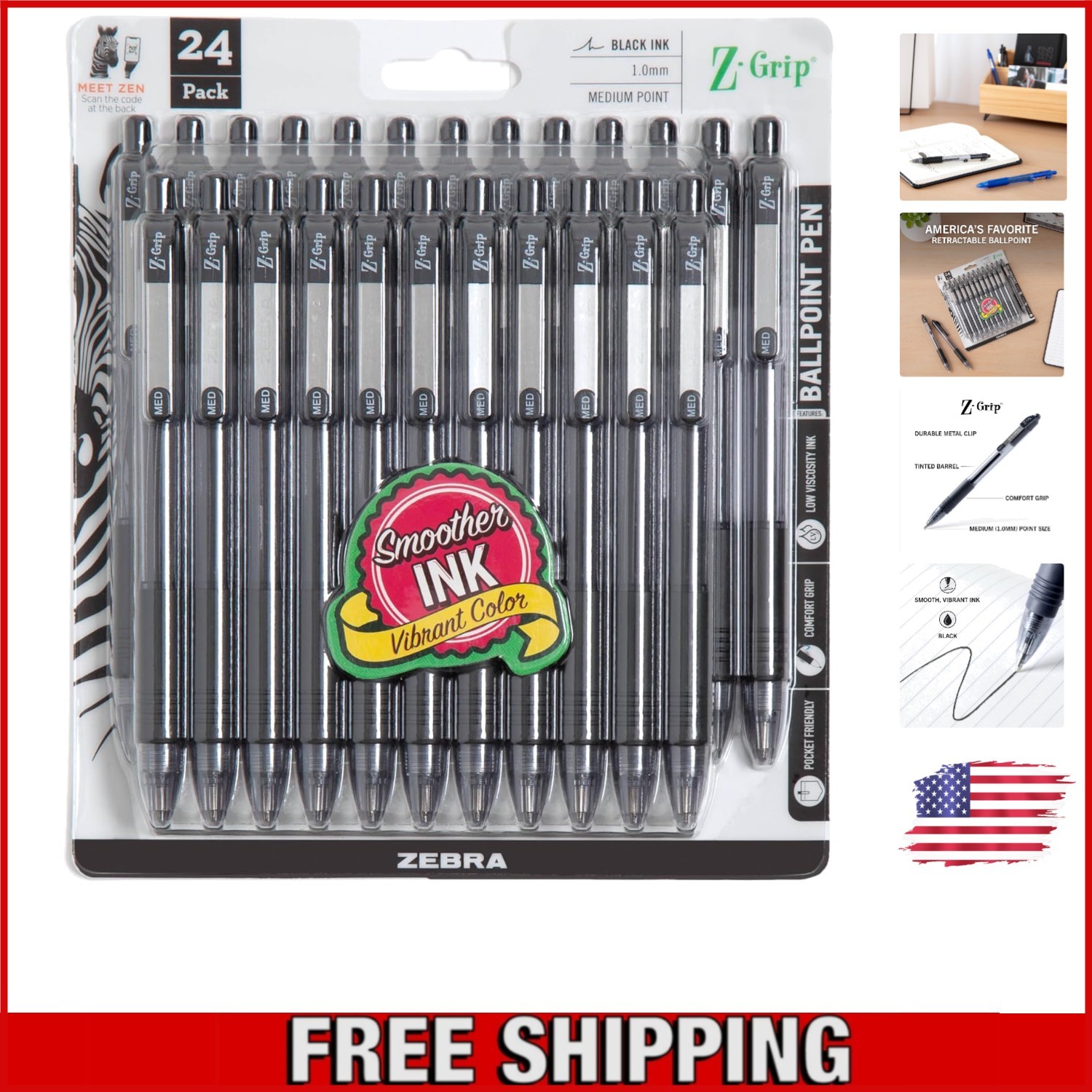 Smooth-Flowing Black Ink Ballpoint Pens – 24-Pack with Ergonomic Grip & Clip