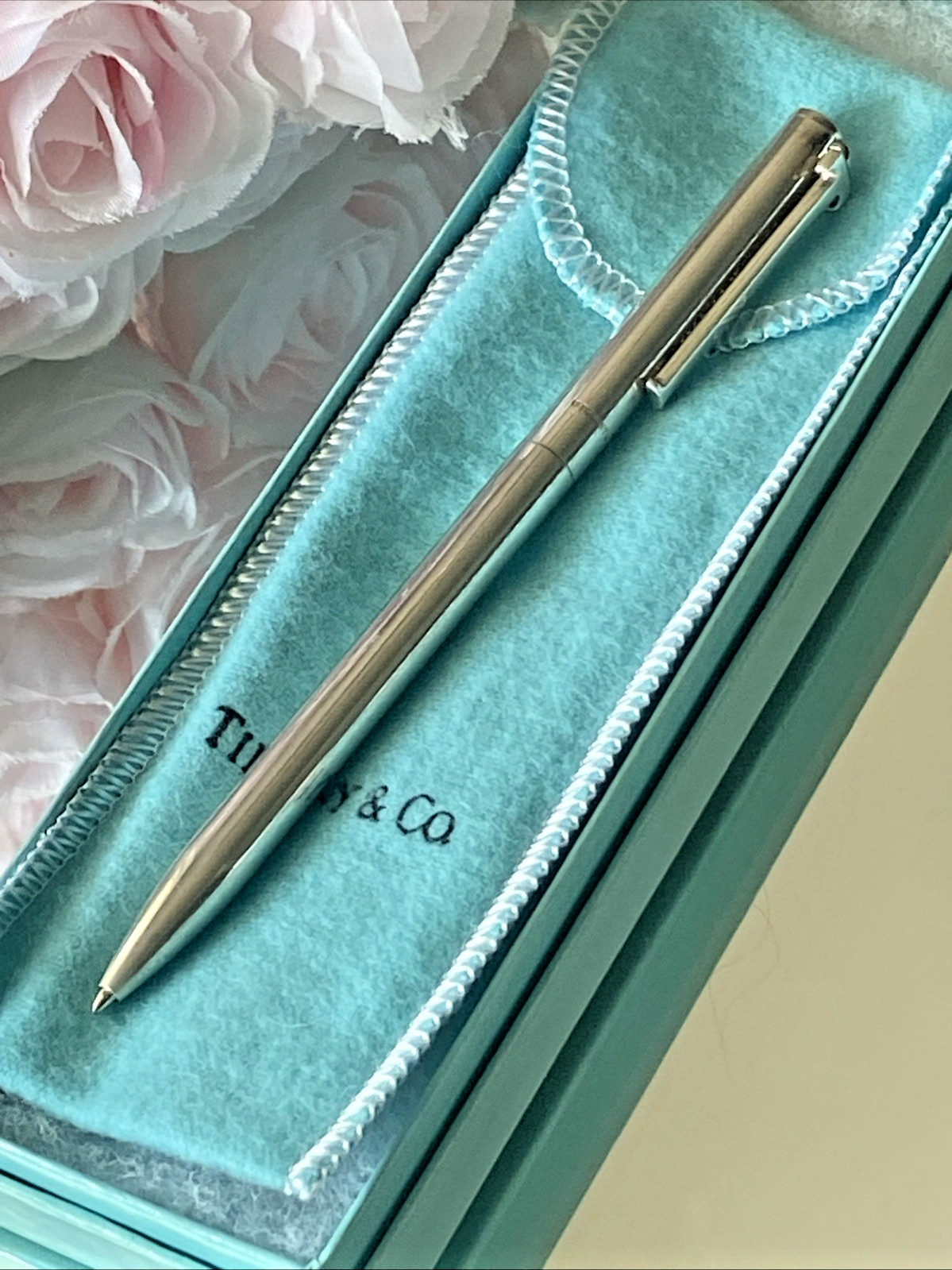 Vtg Tiffany & Co. Sterling Silver 925 T Clip Ballpoint Pen Black Ink Pouch & Box