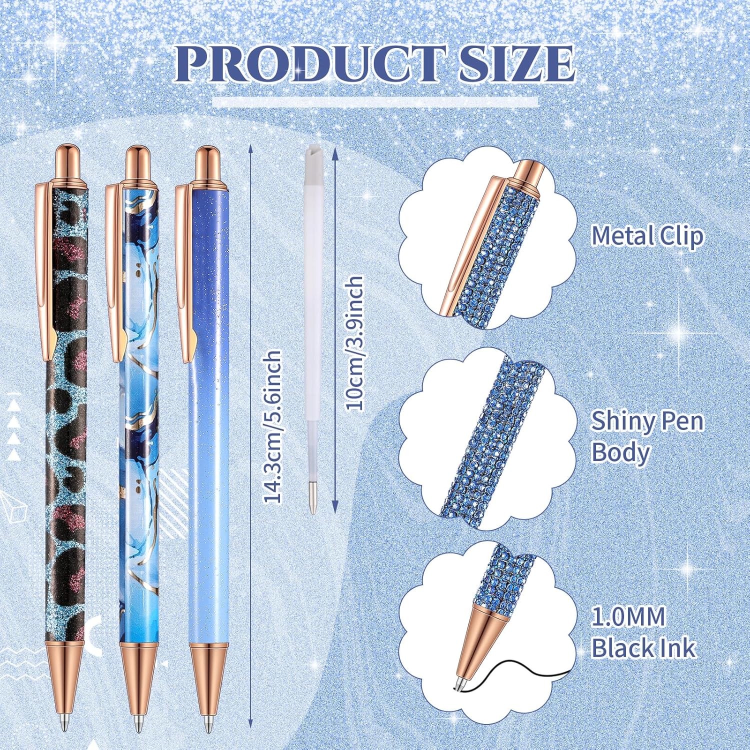 7 Pcs Fancy Pens for Women Cute Sparkly Glitter Pens with 10 Pcs Black Ink Refil