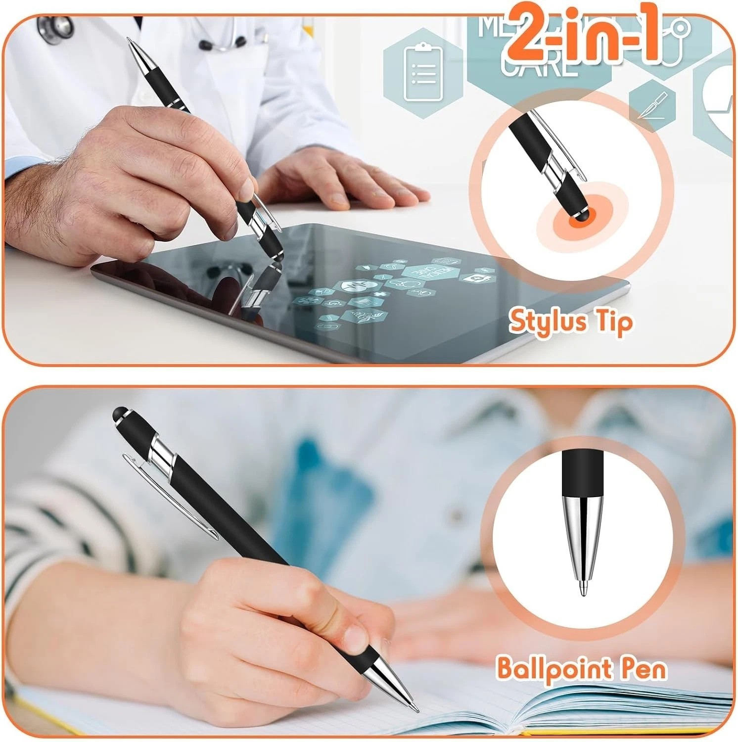 100pk Black Metal Ballpoint Pens w/ Stylus, Smooth 1.0mm Ink, Retractable Click