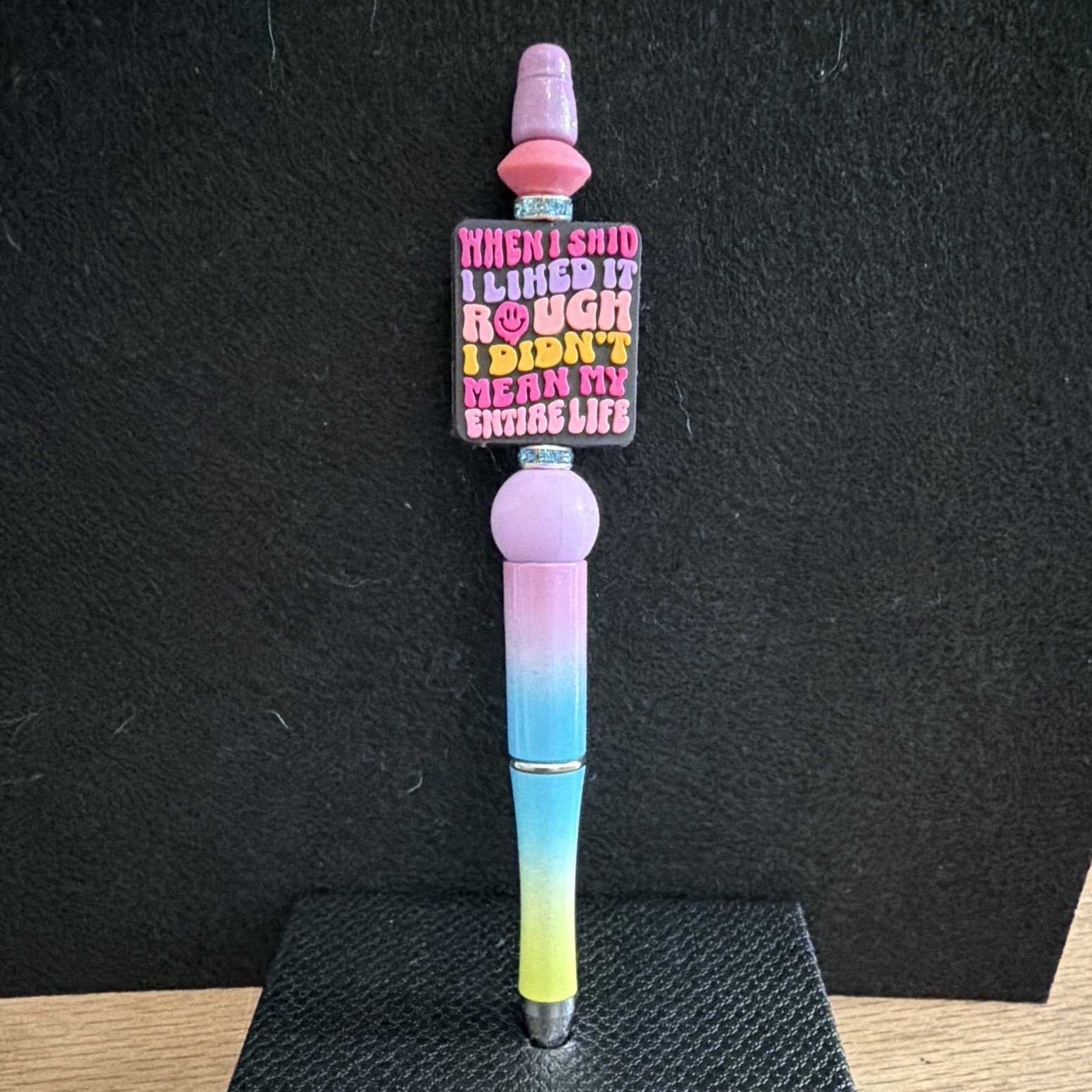 Multicolor Gradient Plastic Novelty Ballpoint Pen w/ Pink Topper, Quote Charm