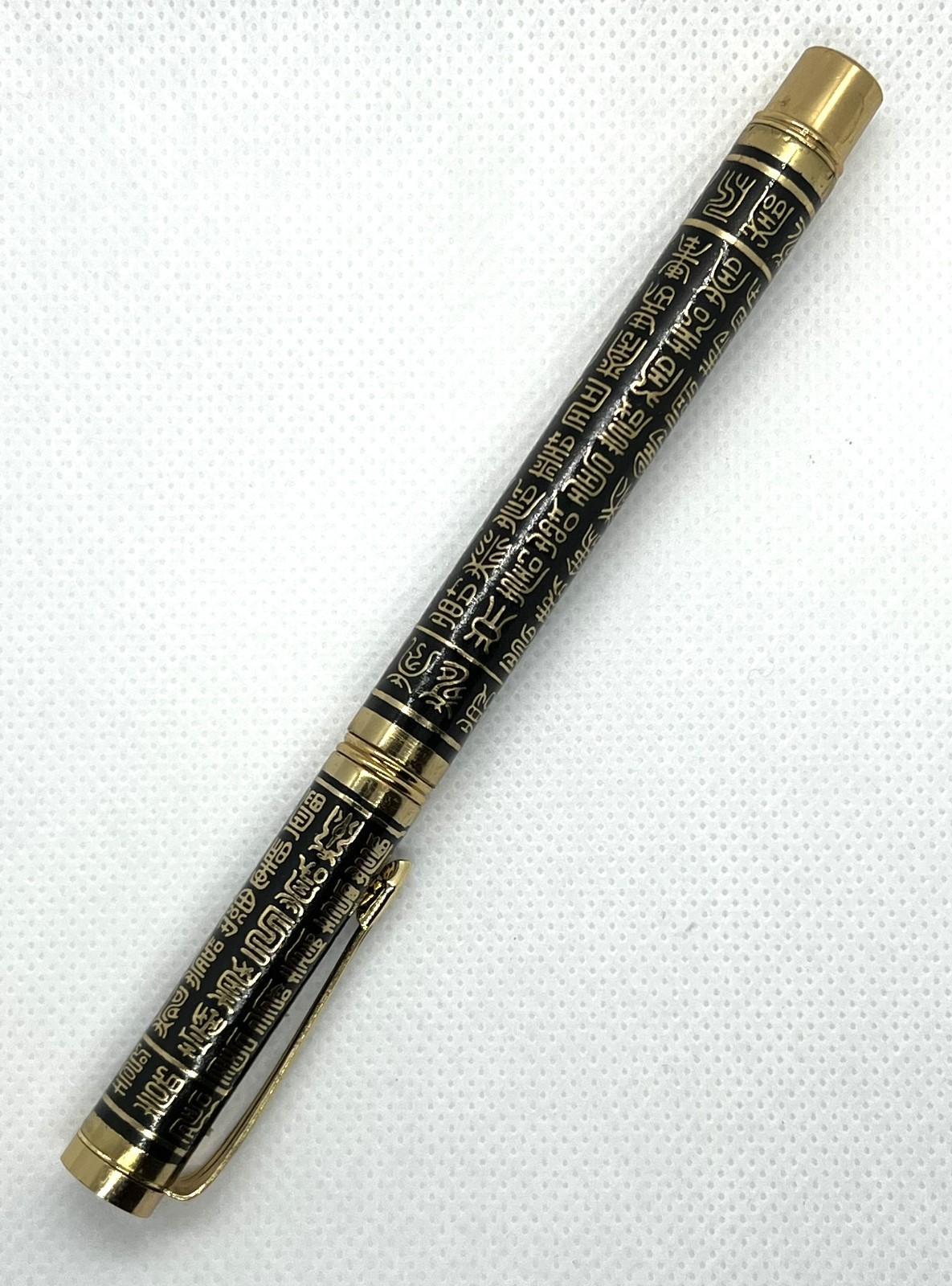 Shanghai Ballpoint Pen Ancient Script Gold Tone Black Enamel Refillable EX Cond.