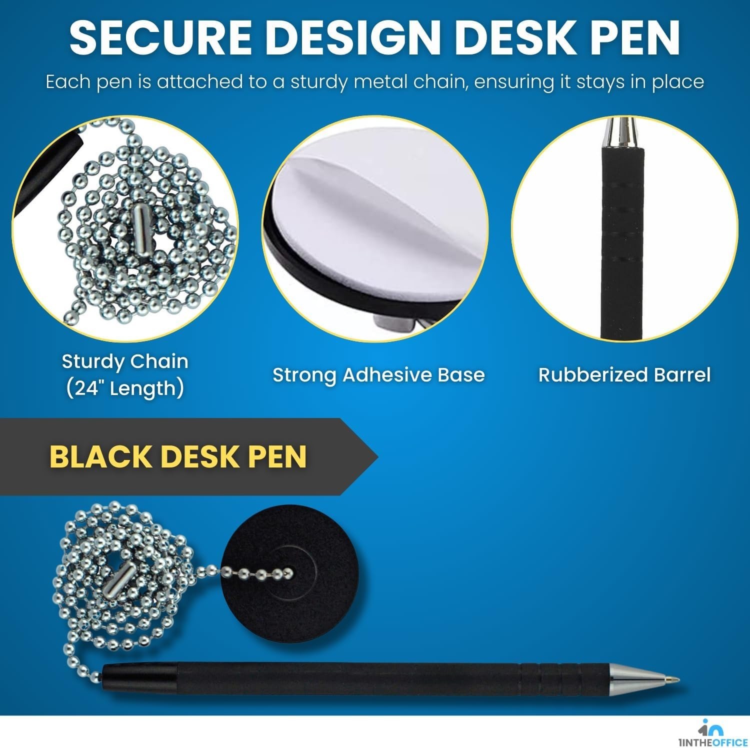 Pen with Chain, Counter Security Pen, Adhesive Round Pad, Black, 6 Pack