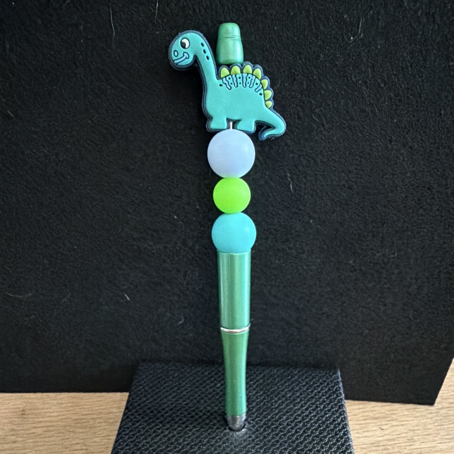 Green Plastic Ballpoint Pen w/ Dinosaur Topper, Decorative Beads, Blue Ink