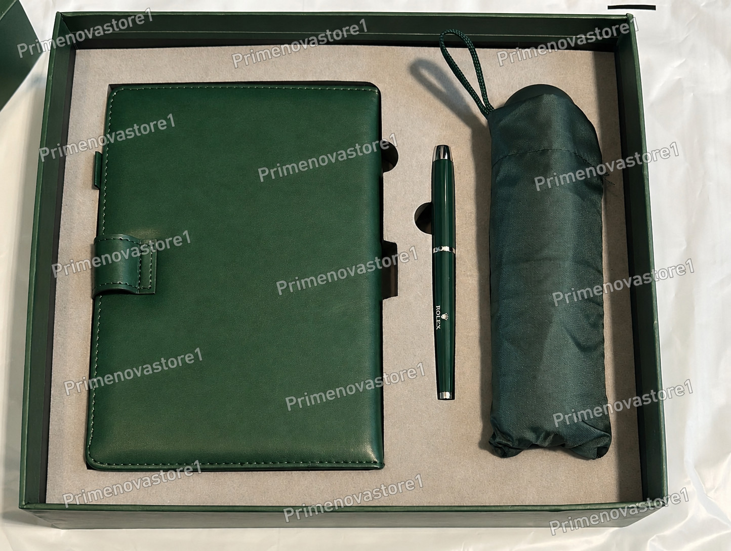 ROLEX Green Gift Set Notebook Ballpoint Pen Folding Umbrella Luxury Gift Box NEW