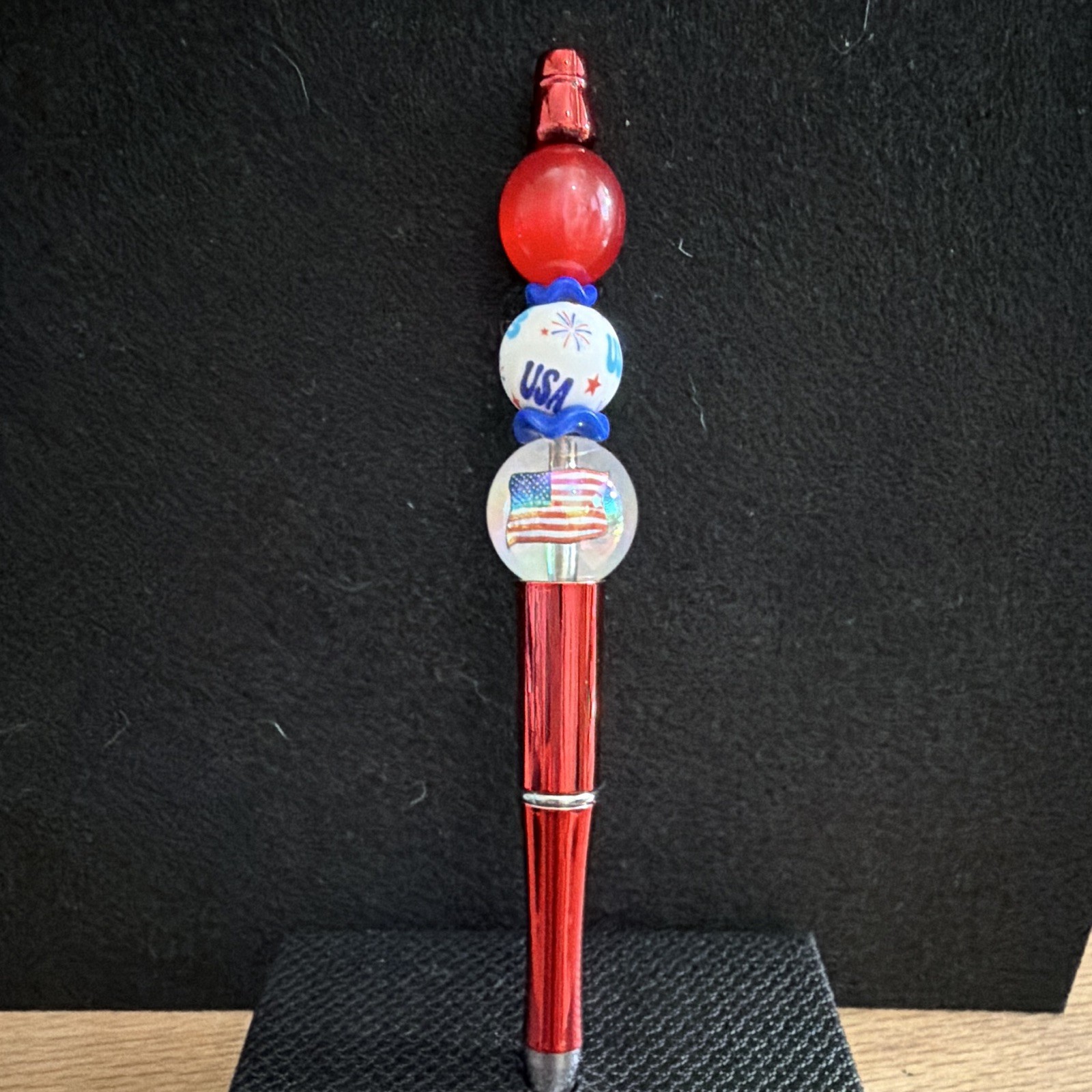 Red Plastic Ballpoint Pen w/ USA & American Flag Beads, Blue Ink