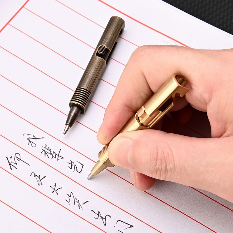 Mini Pocket Brass Bolt Action Ball Pen w/ 3pcs Refills Outdoor Camping EDC Tool