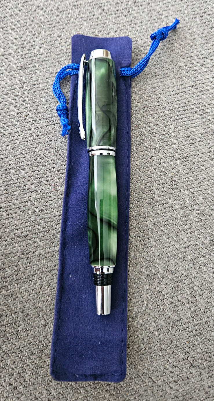 Green Swirl Resin RollerBall Pen Chrome Trim Silver Clip Black Ink w/ Pouch