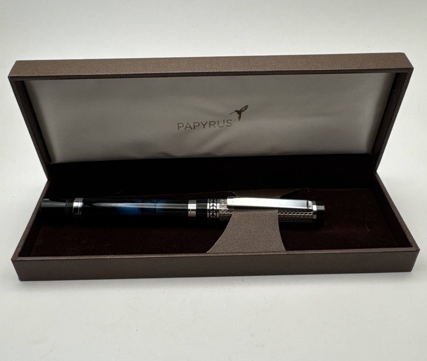 Vtg PAPYRUS BALL POINT PEN Gorgeous Blue/Black Marble Swirl Silver *needs repair