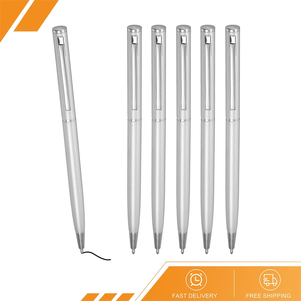 6 x Slim Metallic Ballpoint Pen Black Ink 1mm Medium Point Pen, Silver Tone