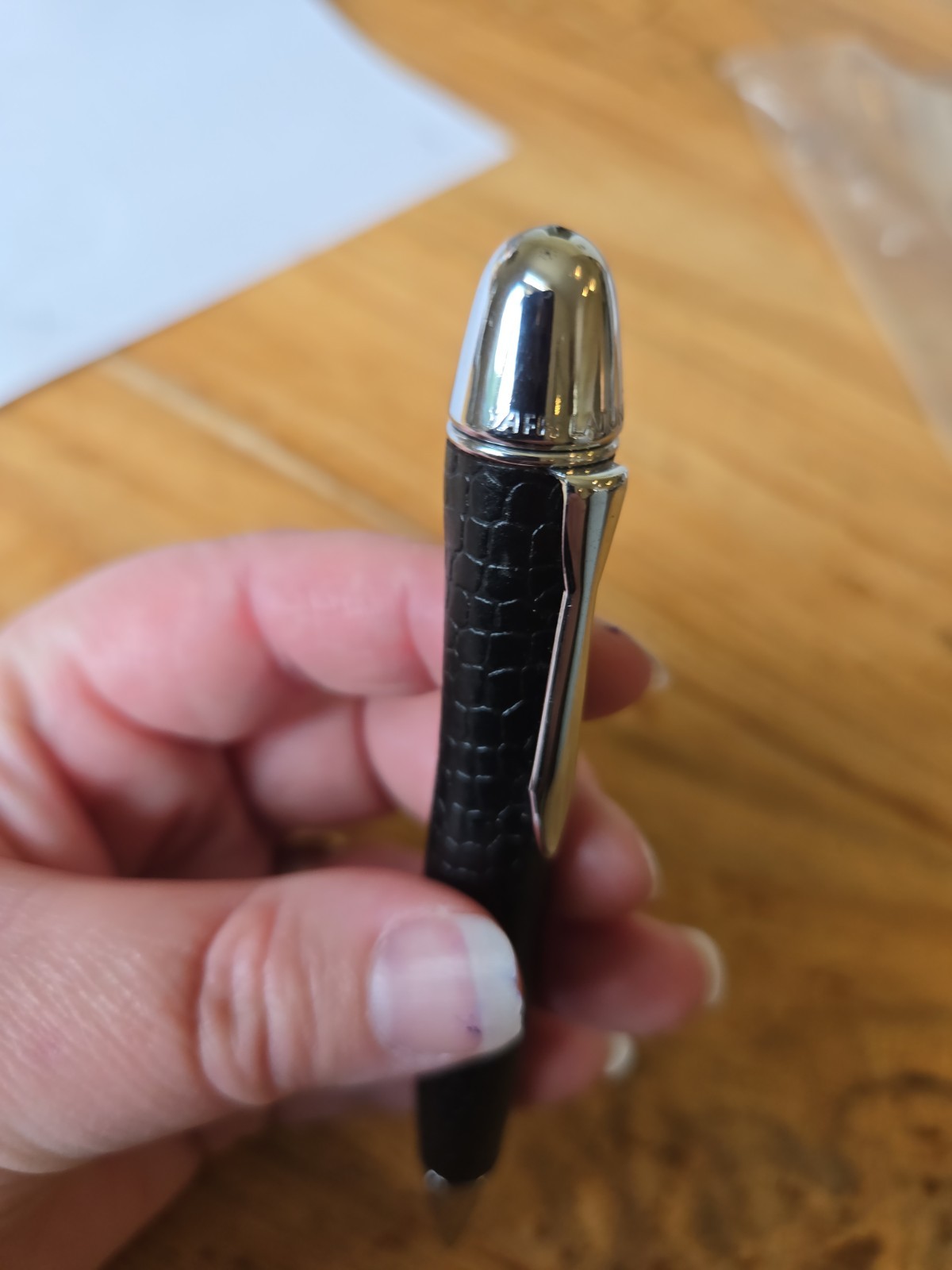 YAFA LATURIA Black LEATHER COVERED BALLPOINT PEN Ink CHROME TRIM FINE BLACK