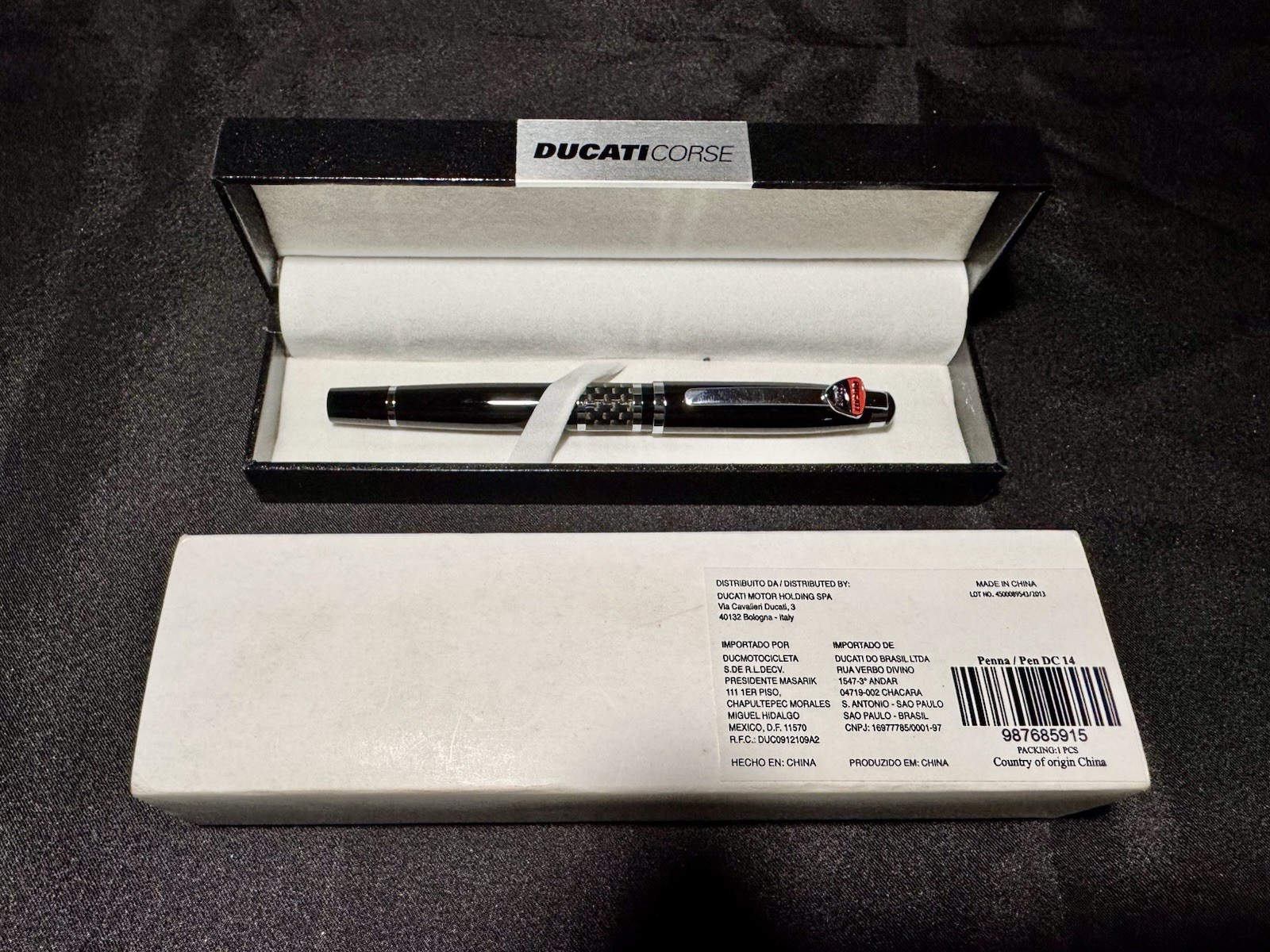 Ducati Corse 14 Official Black Ballpoint Pen w Carbon Fiber Band. P/N 987685915
