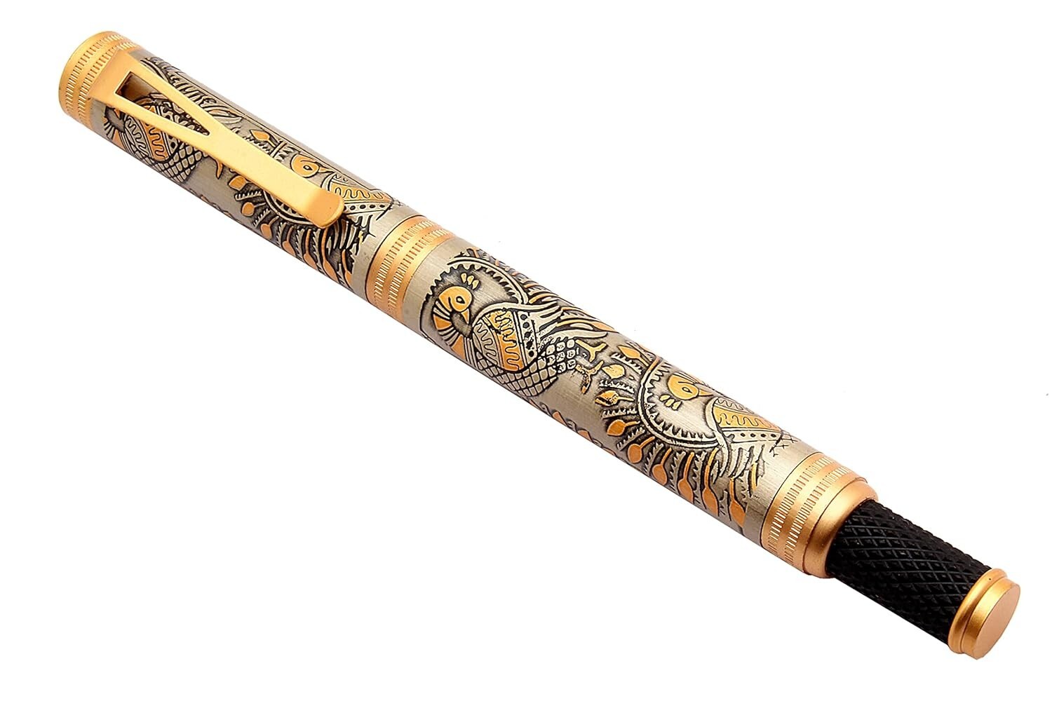 SET OF 5 Peacock Design Engraved On Antique Look Metal Body Ballpoint Pens