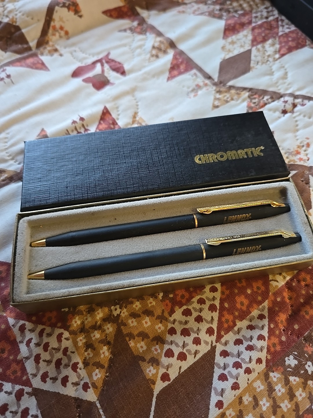 Vintage Black & Gold Chromatic Pen & Pencil set Lennox Advertising Both Working