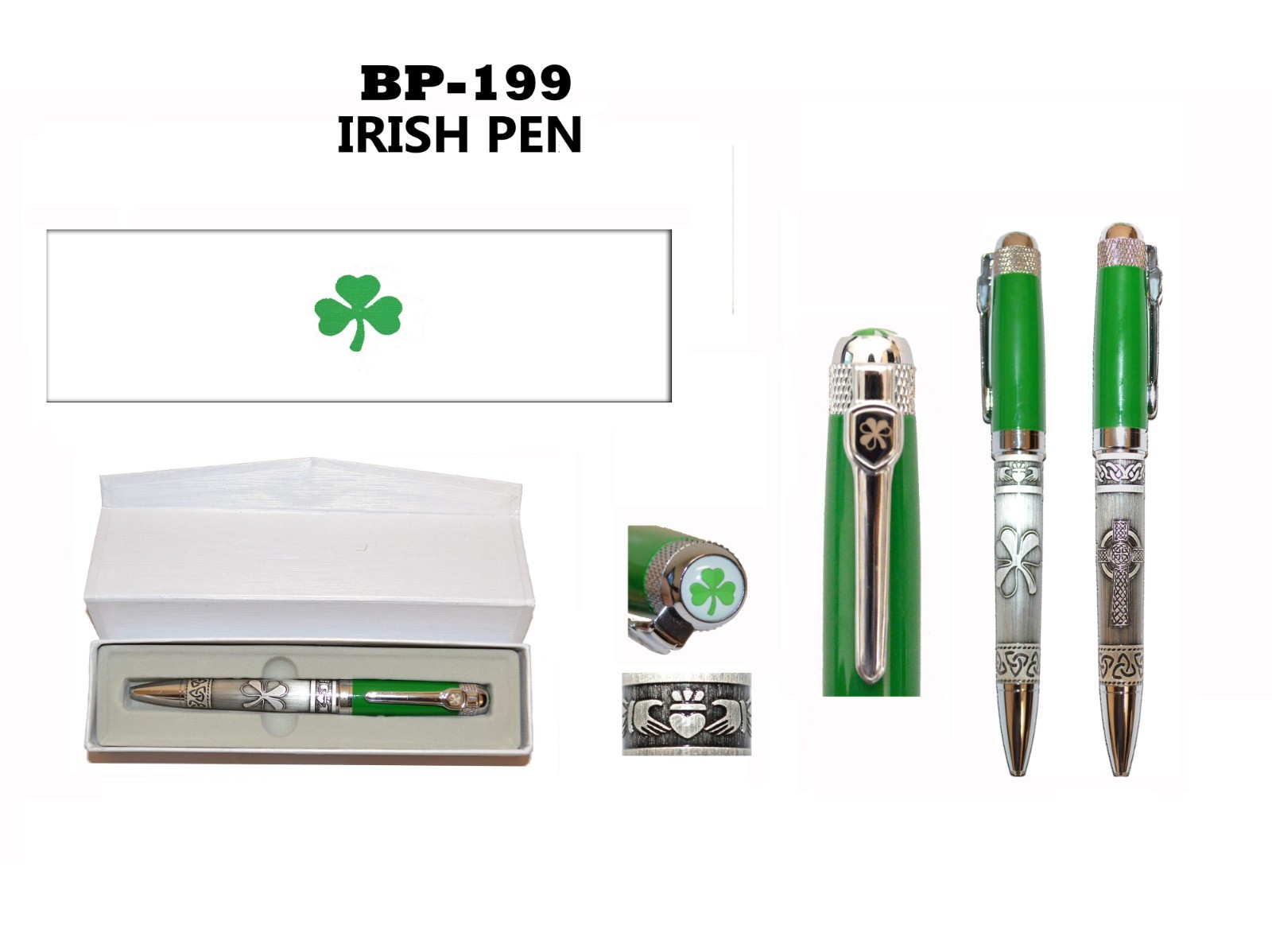 Irish Pen Shamrock Celtic Design Green & Silver Gift Boxed St. Patrick’s Day