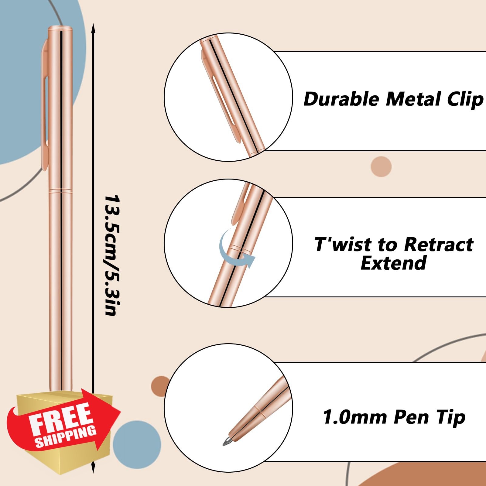 Rose Gold Slim Ballpoint Pens 1mm Black Ink Retractable 6pc