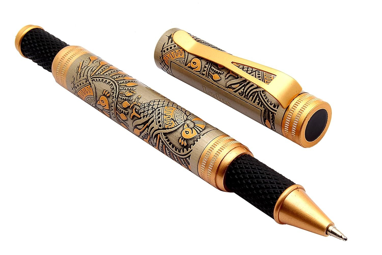 SET OF 5 Peacock Design Engraved On Antique Look Metal Body Ballpoint Pens