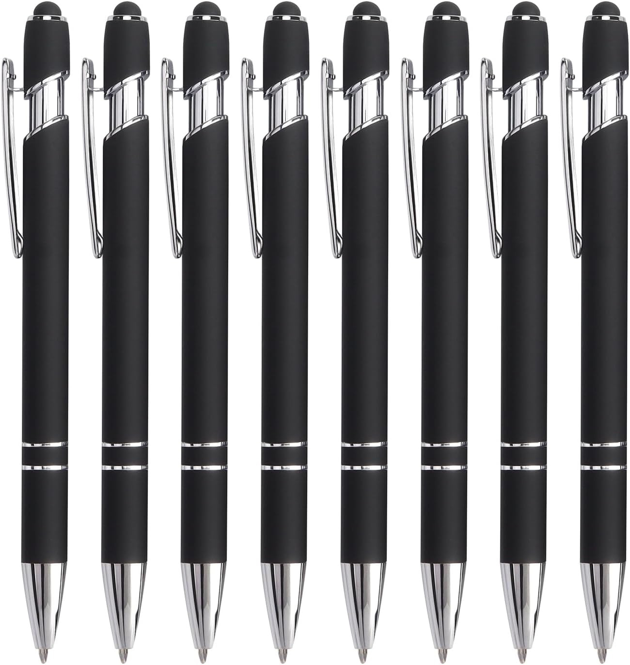 8pc Black Ballpoint Pen 2n1 Stylus-Retractable Metal Pen w/ Stylus Tip for Scree